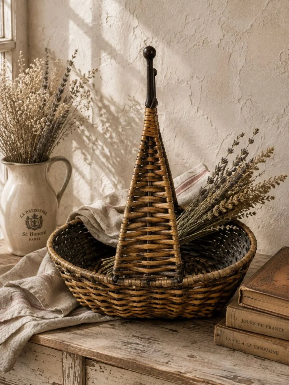 Vintage Woven Wicker & Metal Hanging Wall Basket with Sculptural Handle